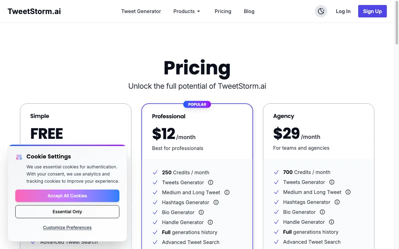 TweetStorm.ai — pricing page