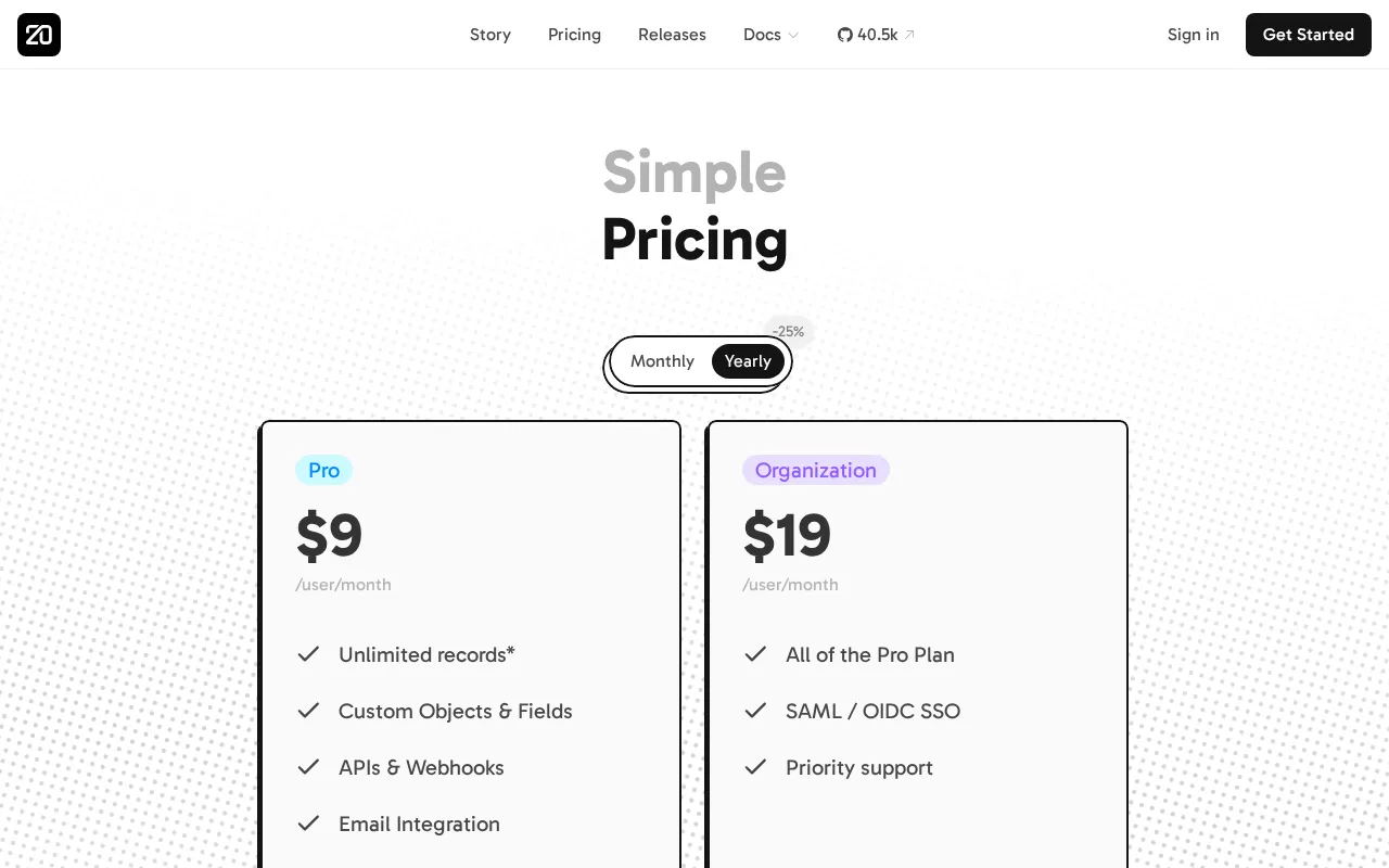 Twenty — pricing page