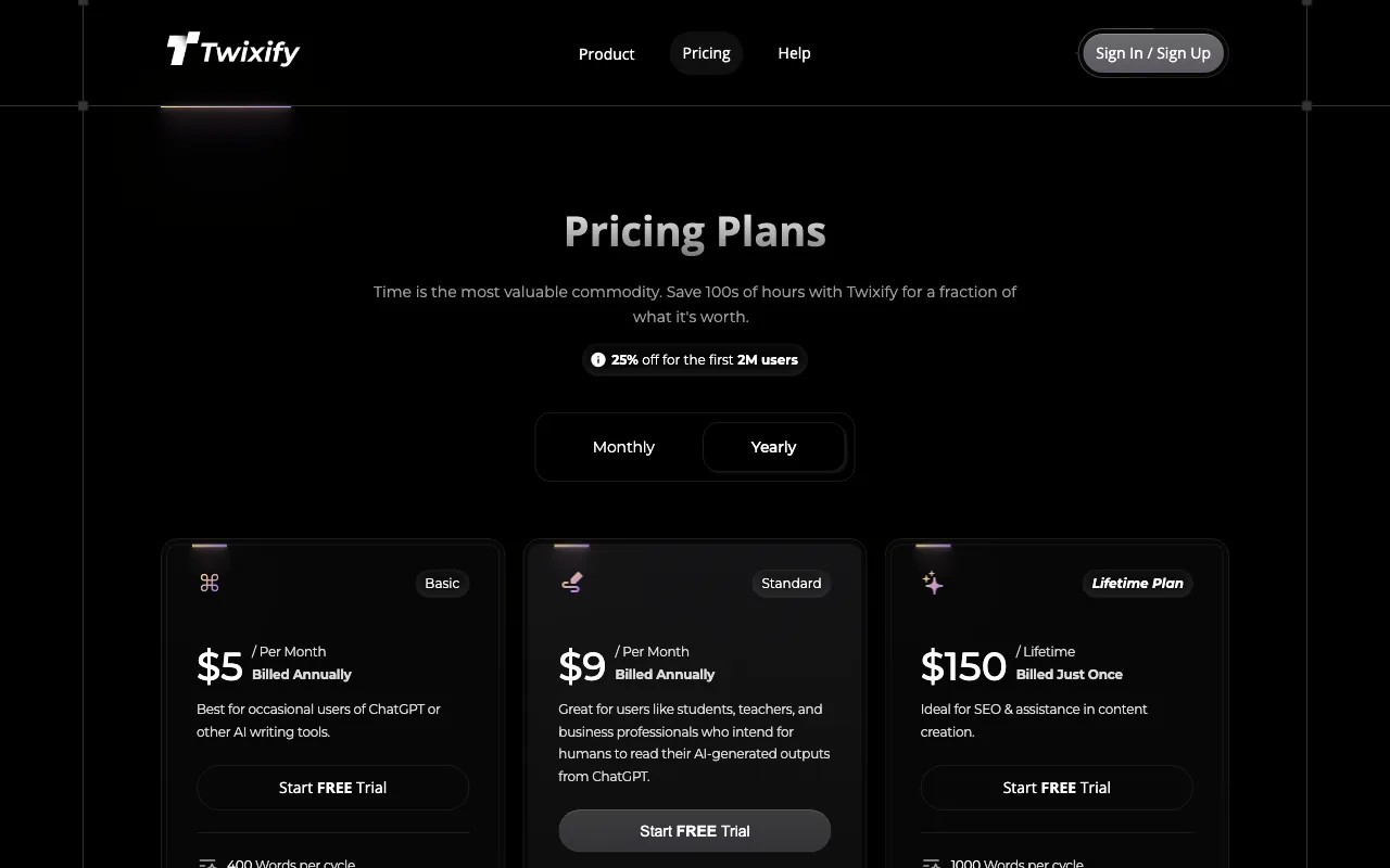 Twixify — pricing page