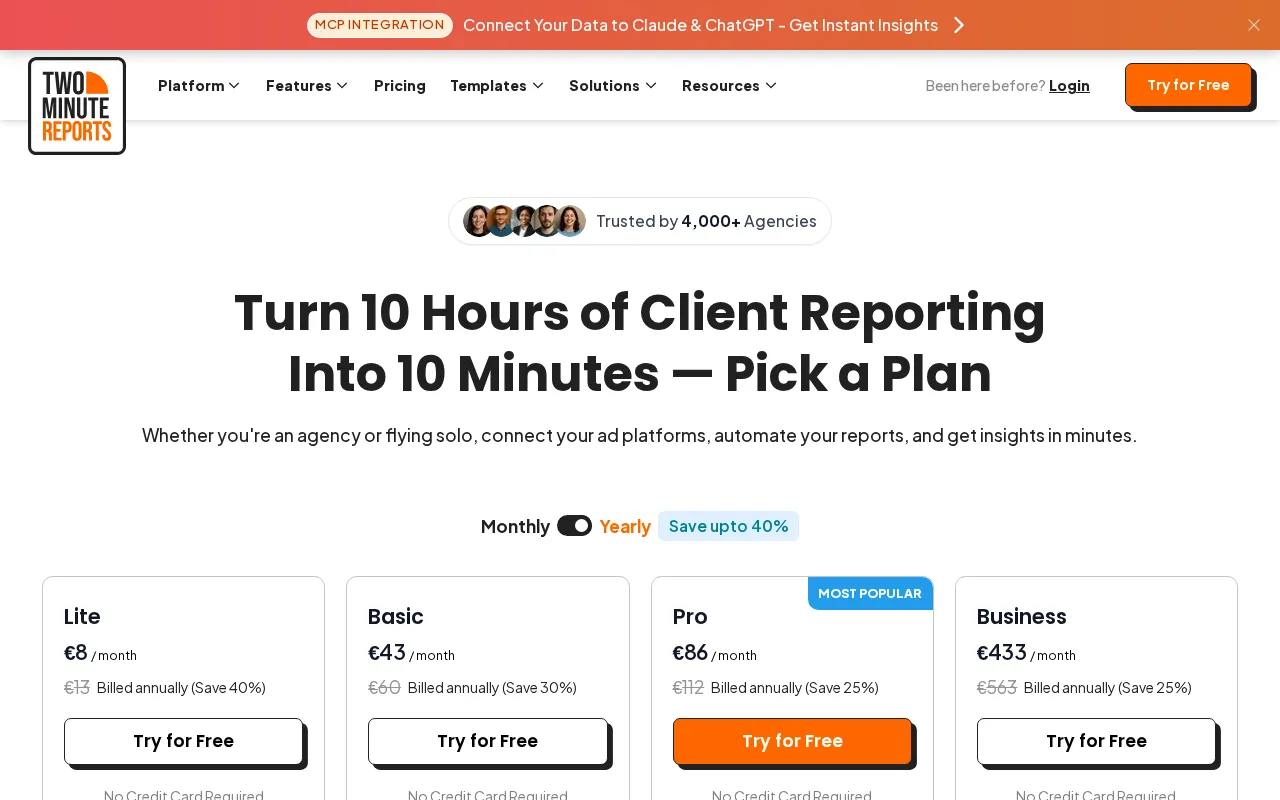 Two Minute Reports — pricing page