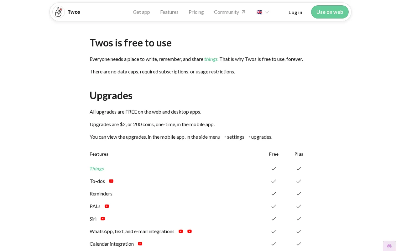 Twos — pricing page
