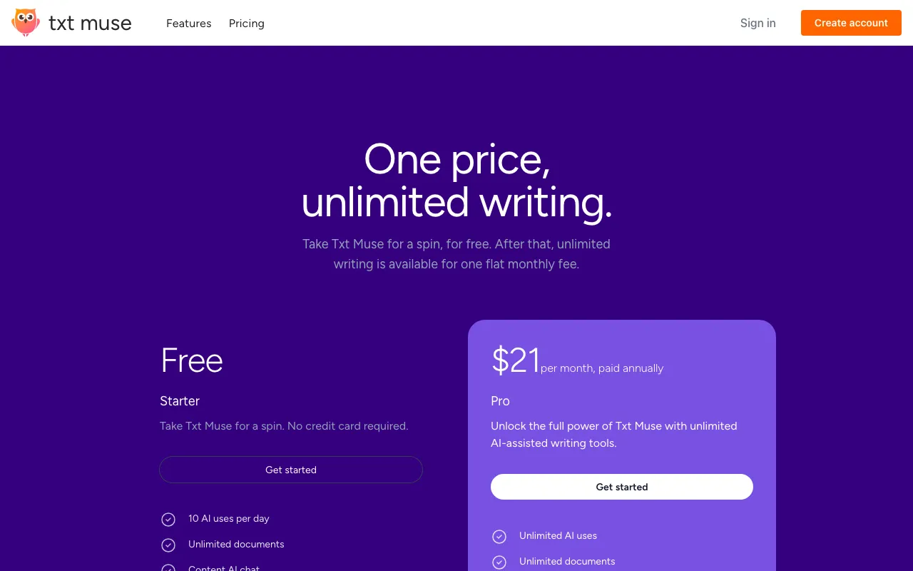 Txt Muse — pricing page
