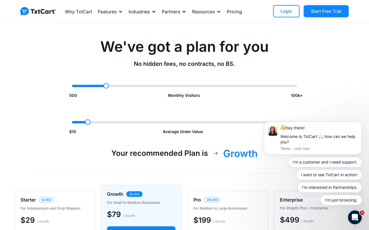 TxtCart — pricing page
