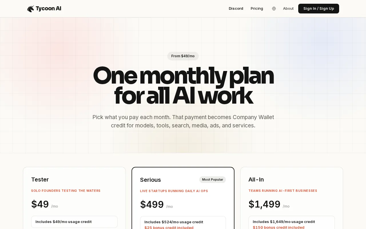 Tycoon AI — pricing page