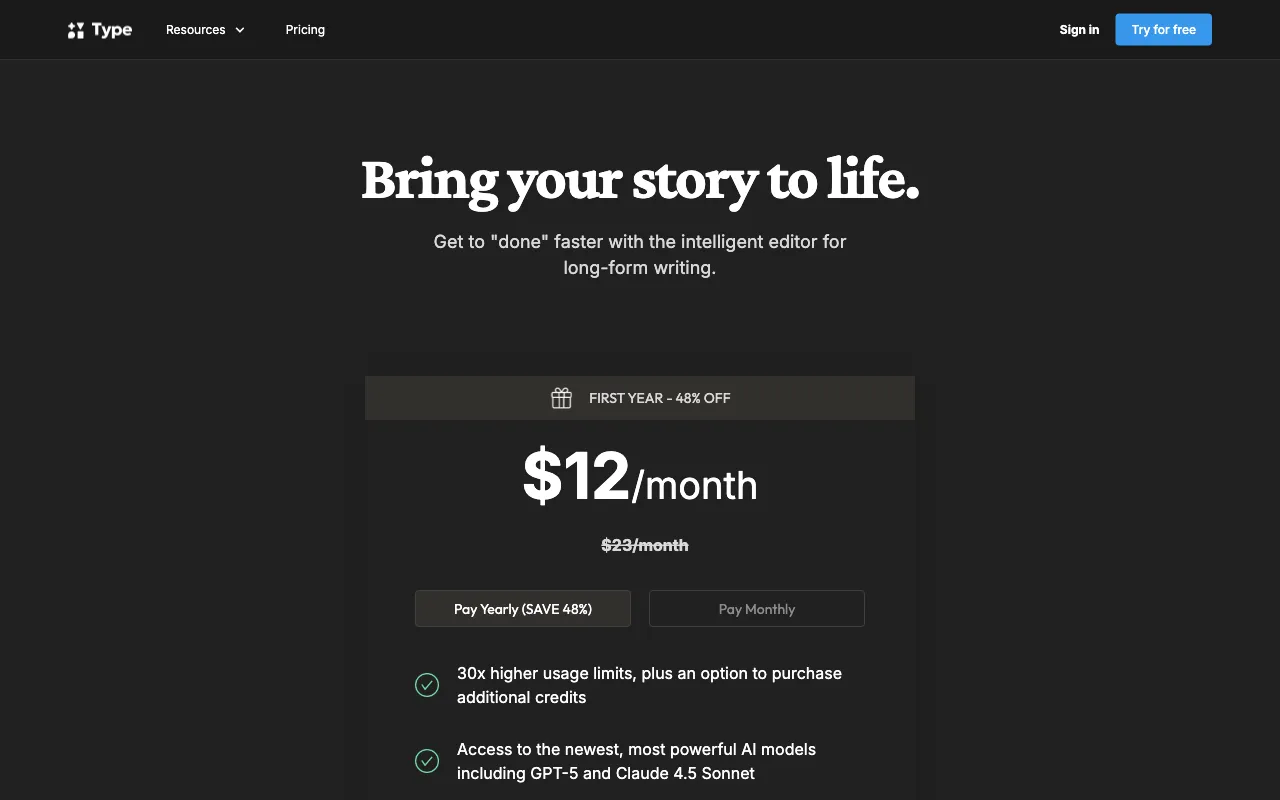 Type AI — pricing page