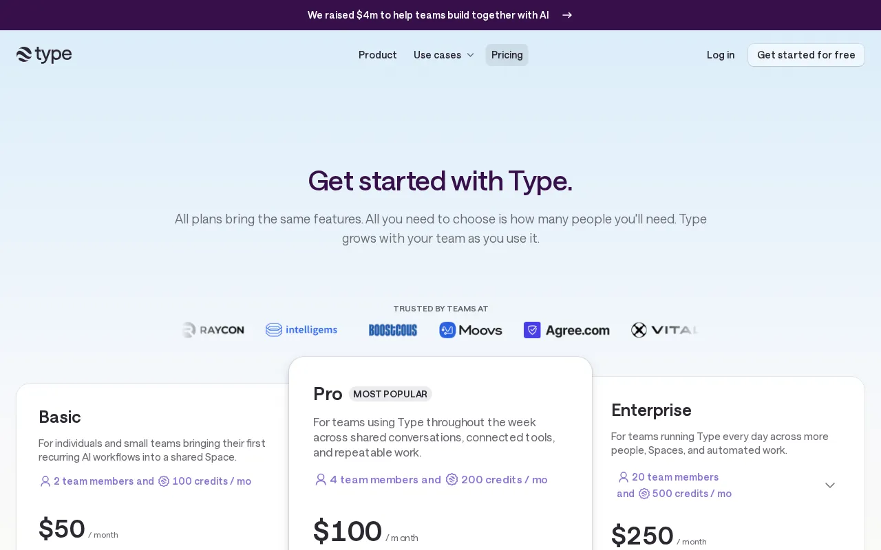 Type.com — pricing page
