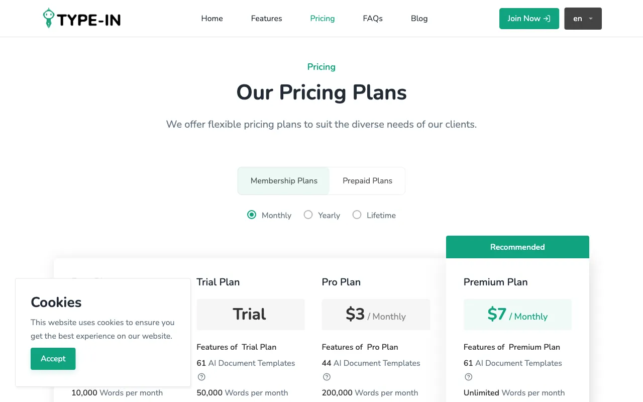 AI-Powered Writing Assistant — pricing page
