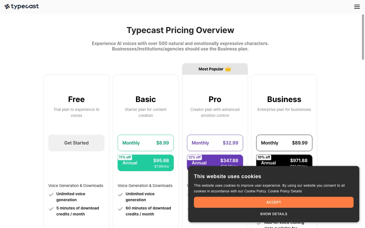 Typecast AI — pricing page