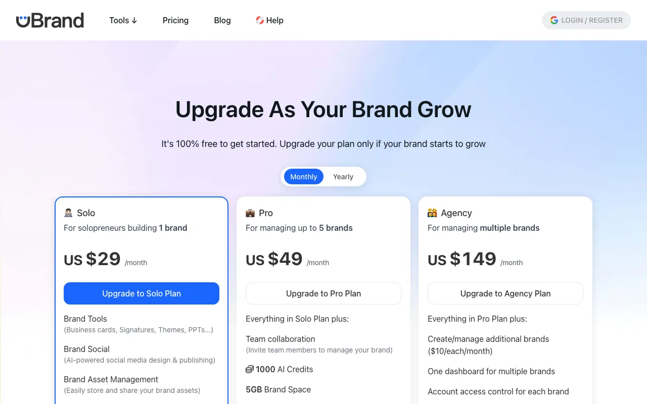 uBrand — pricing page
