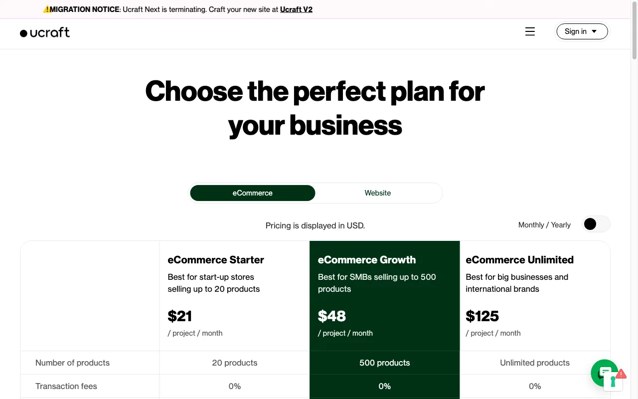 Ucraft Next — pricing page