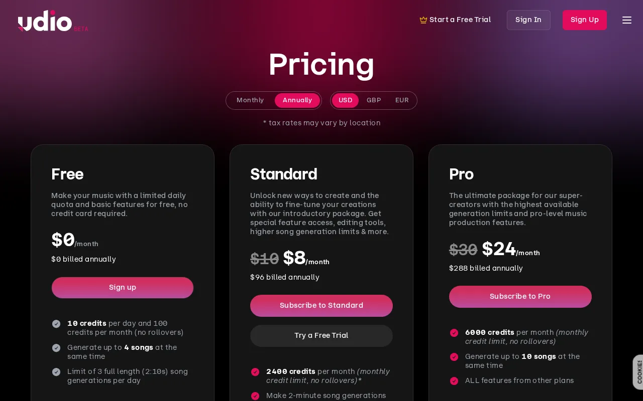Udio AI — pricing page