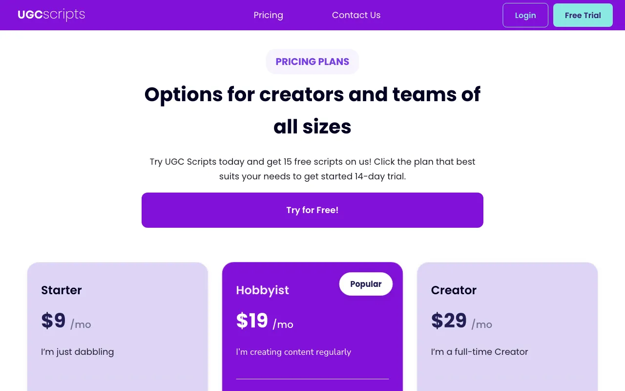 UGC Scripts — pricing page