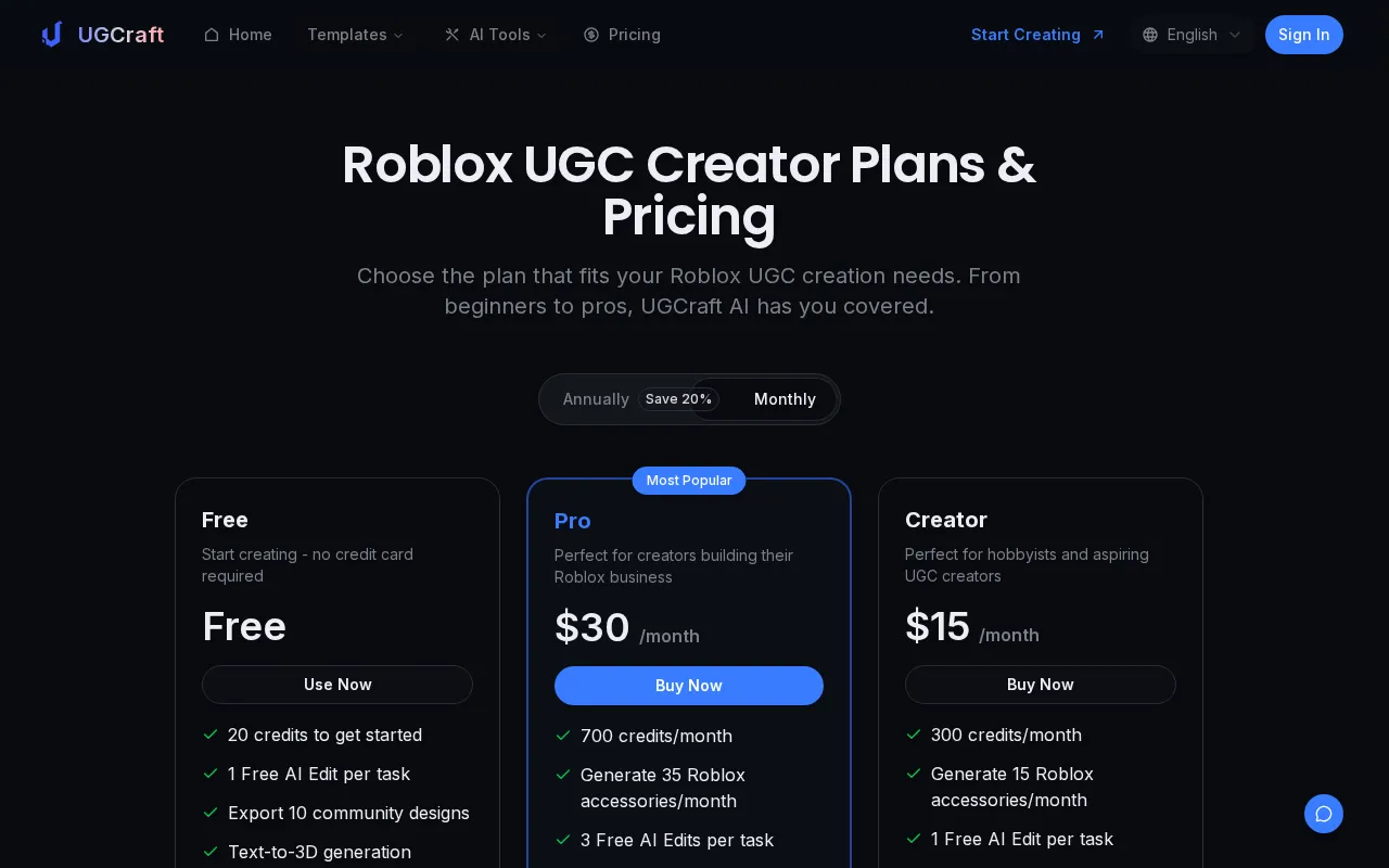 UGCraft AI — pricing page