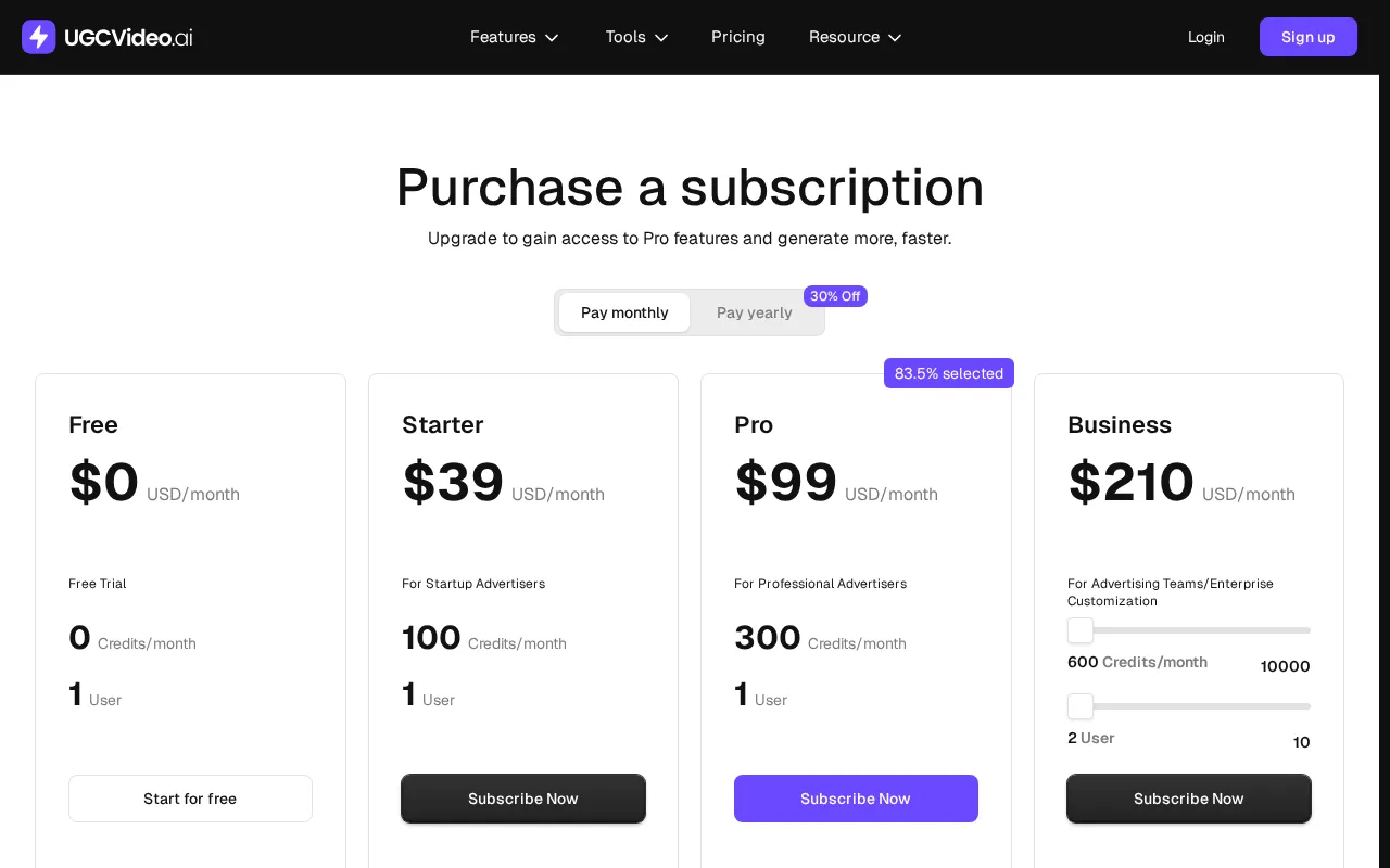 UGCVideo.ai — pricing page