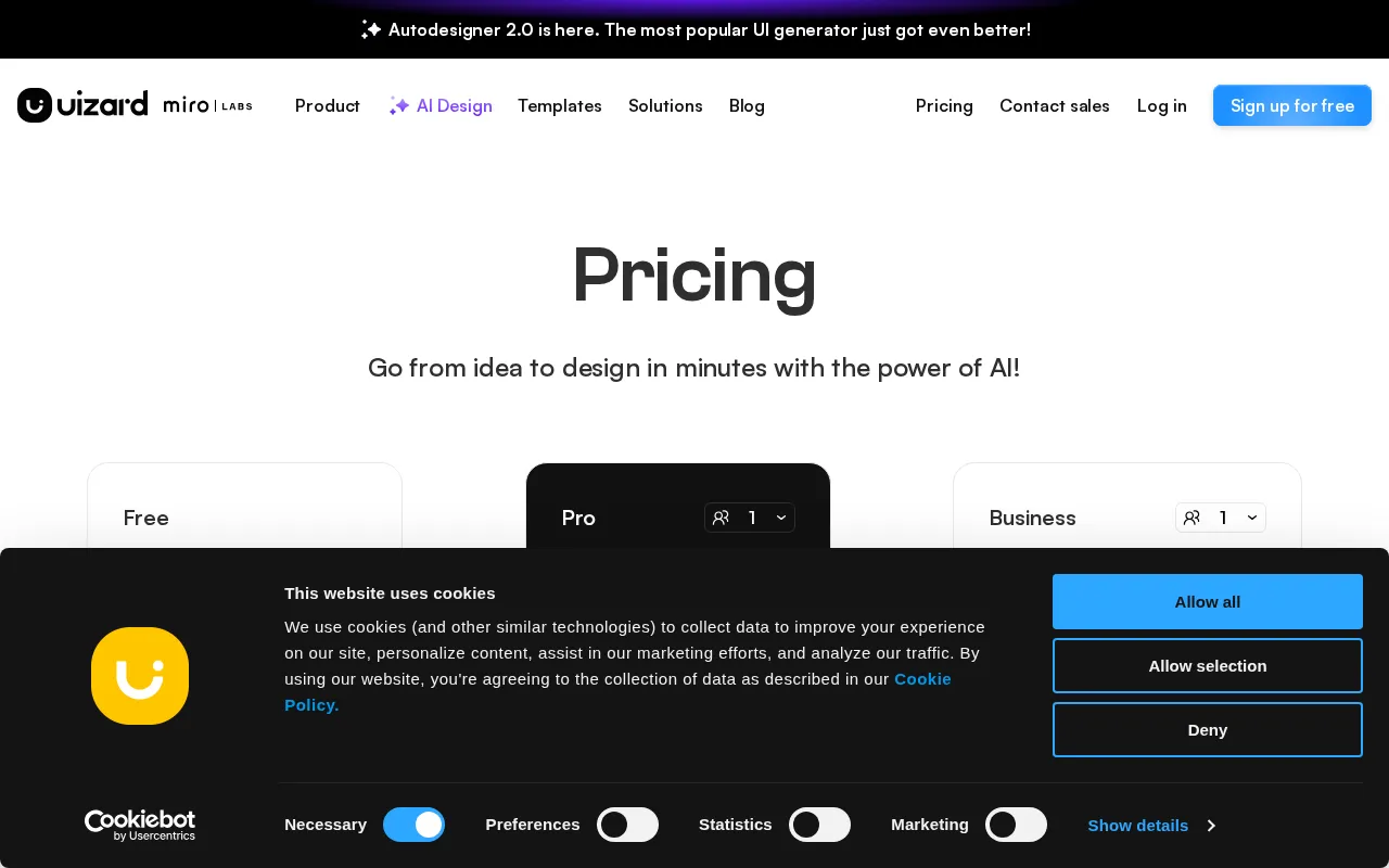 Uizard — pricing page