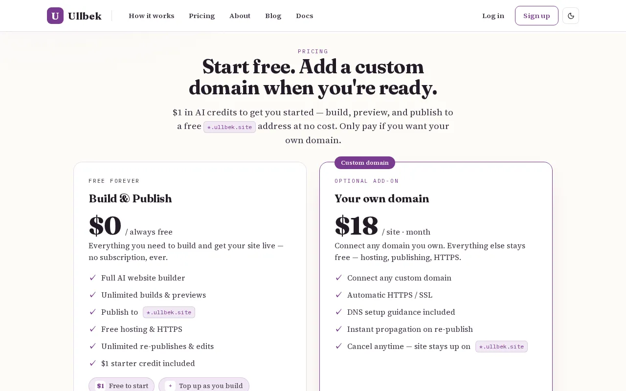 Ullbek — pricing page