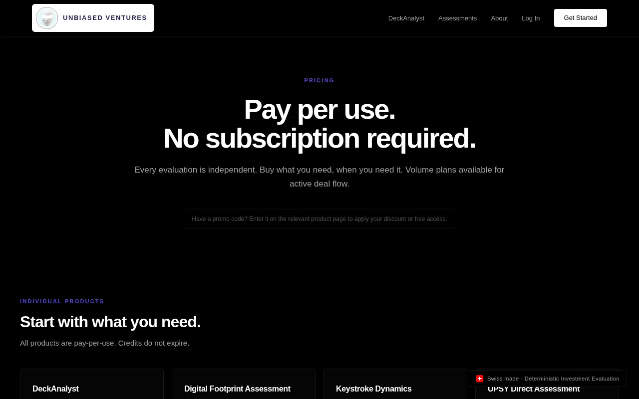 Unbiased Ventures — pricing page