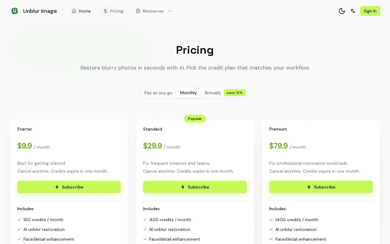 Unblur Image — pricing page