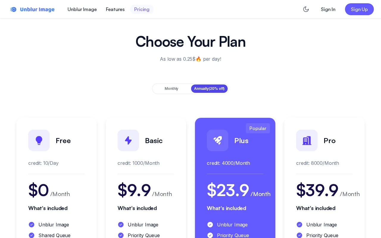Unblur Image — pricing page