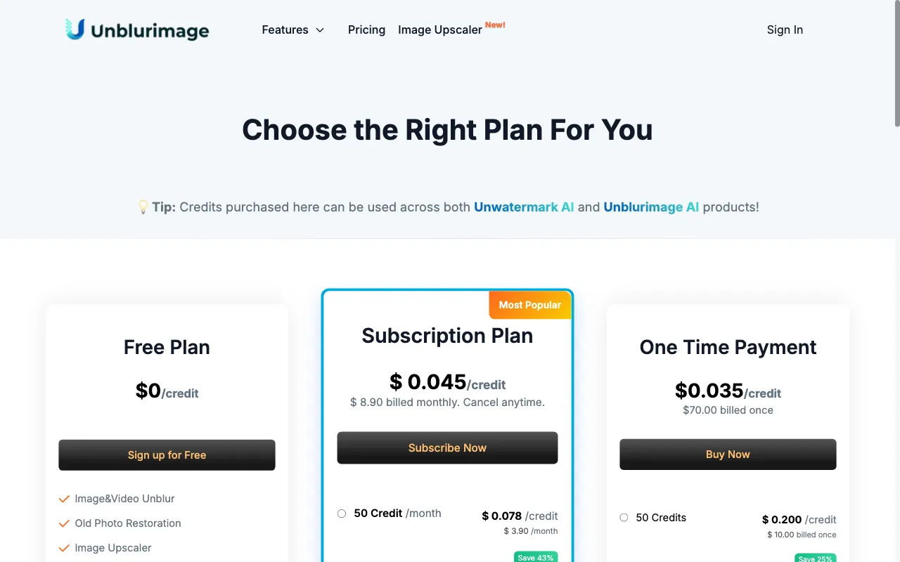 Unblurimage AI — pricing page