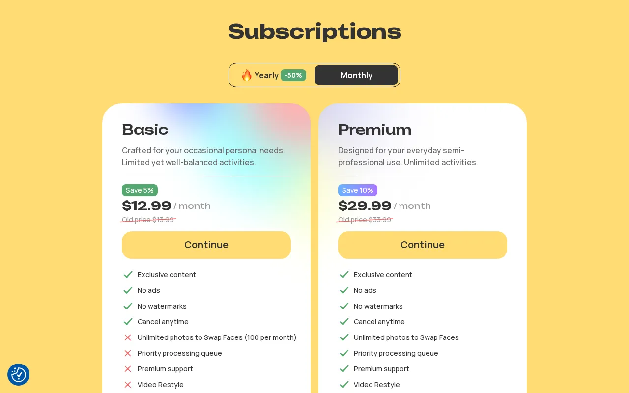 Reface AI — pricing page