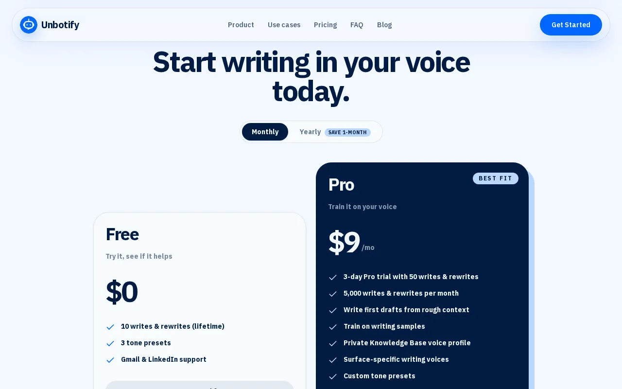 Unbotify — pricing page