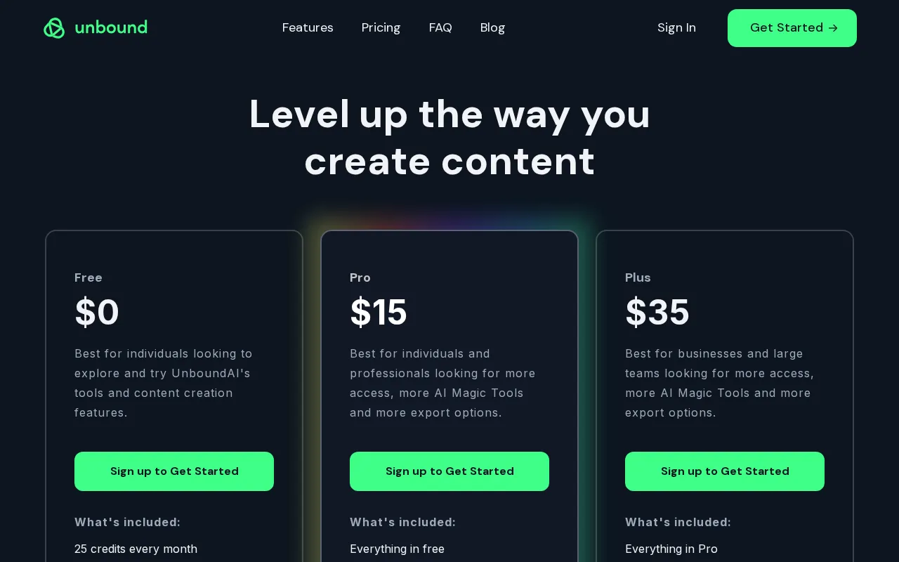 Unbound AI — pricing page