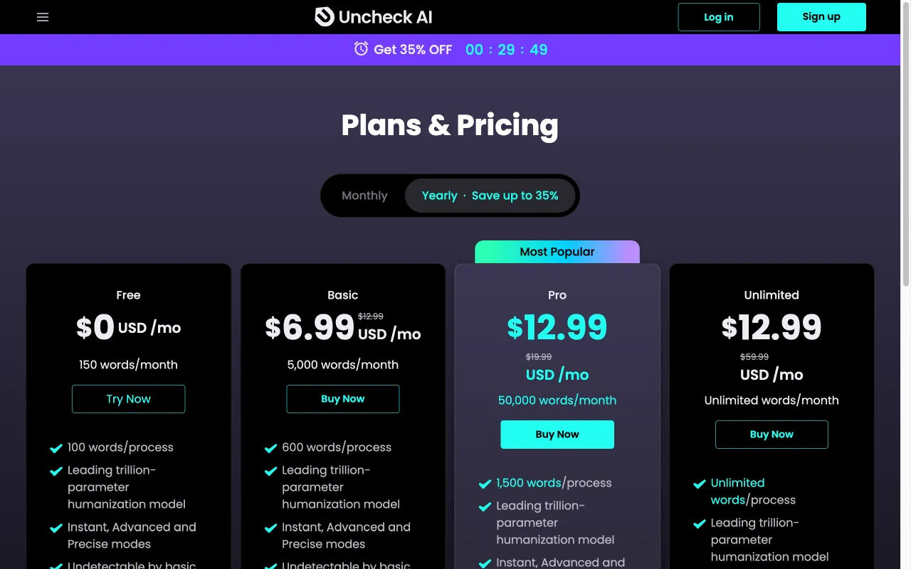 Uncheck AI — pricing page