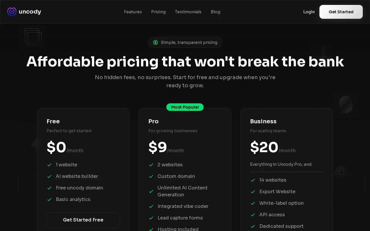 Uncody — pricing page
