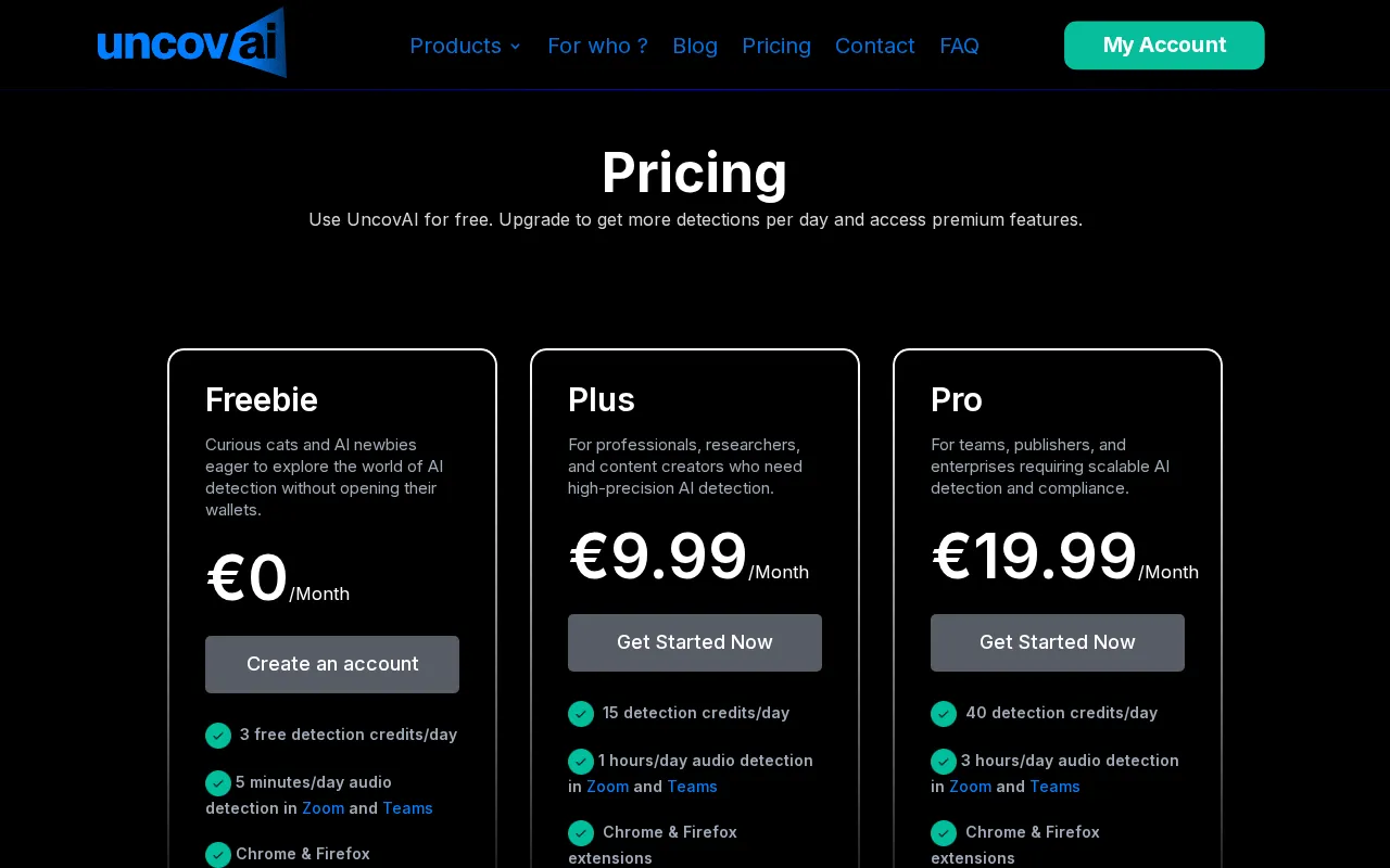 UncovAI — pricing page