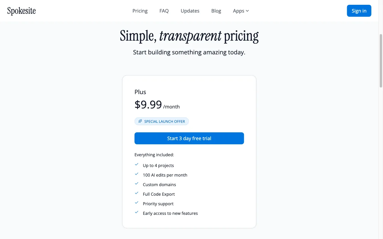 Spokesite — pricing page