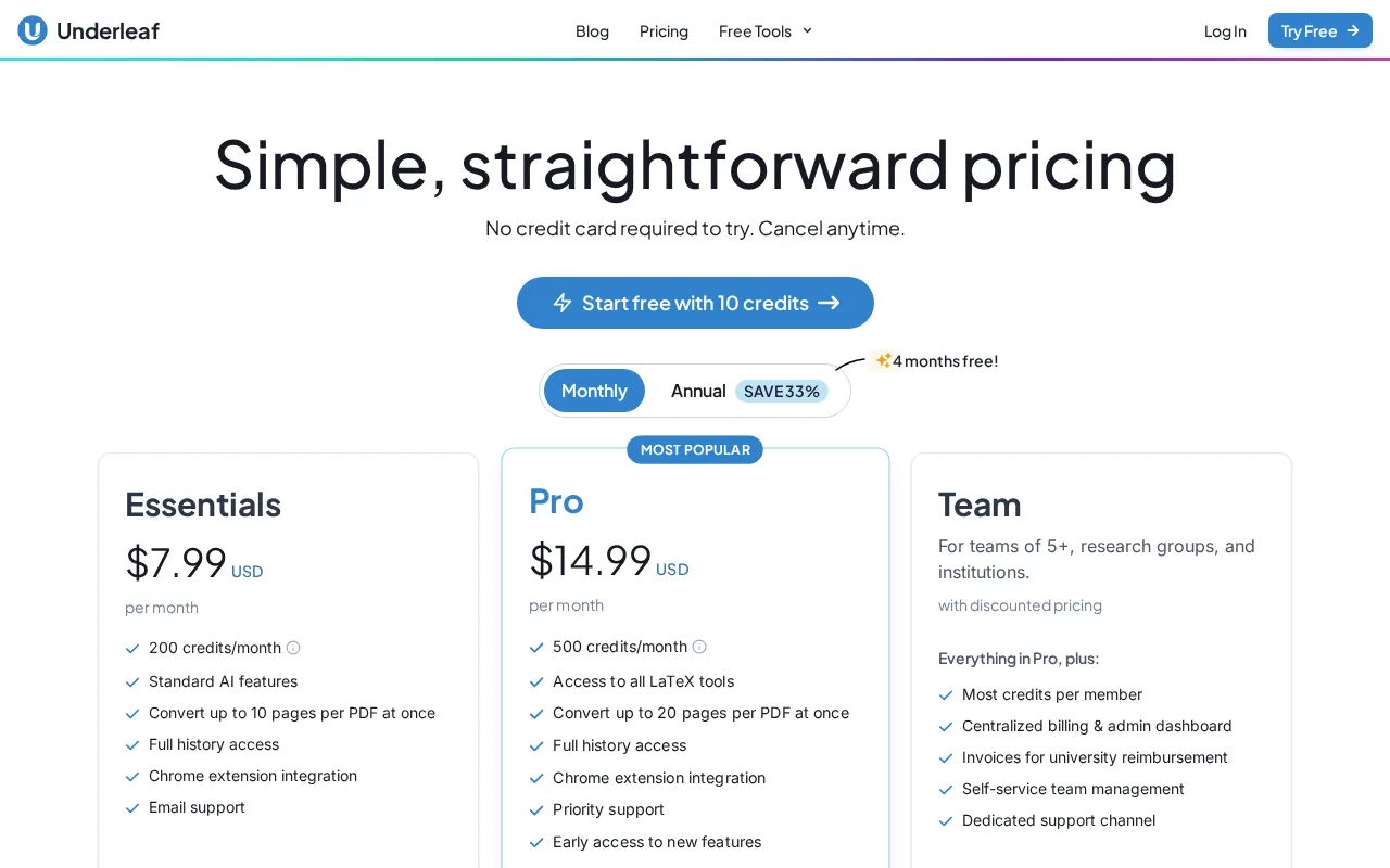 Underleaf — pricing page