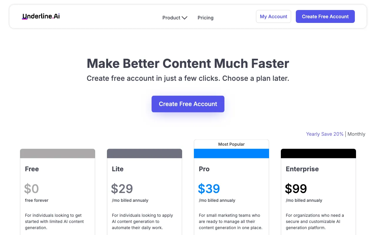 Underline.Ai — pricing page