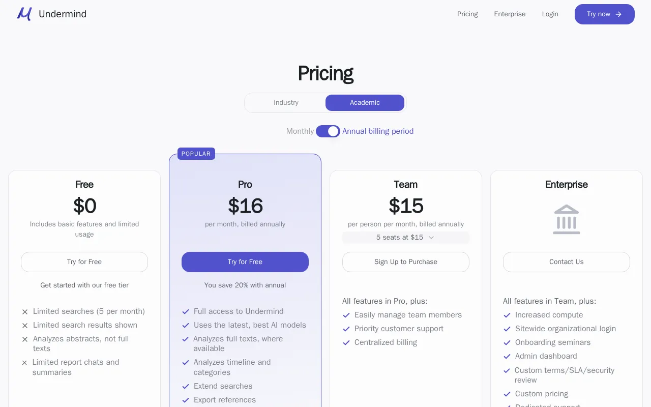 Undermind — pricing page
