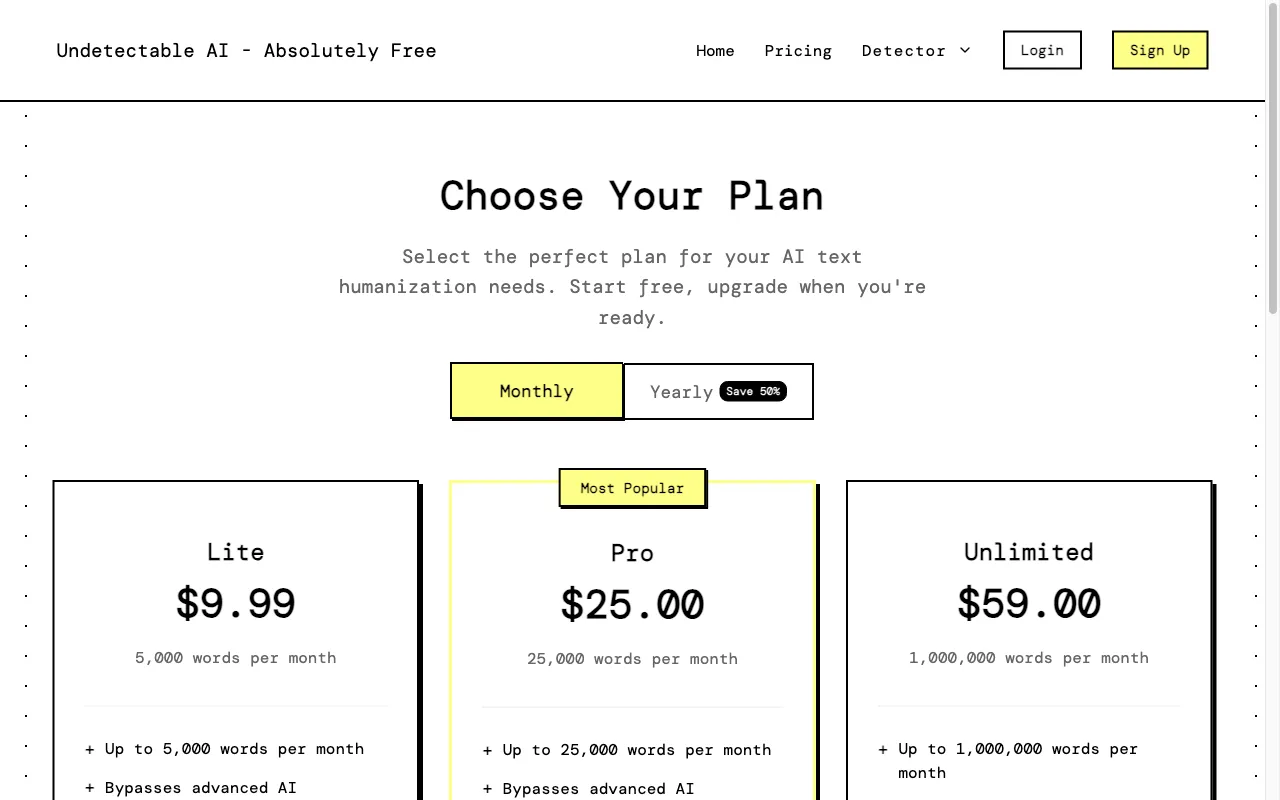 undetectableai.pro — pricing page