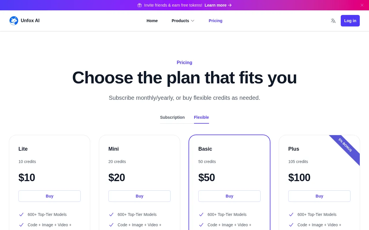 Unfox AI — pricing page
