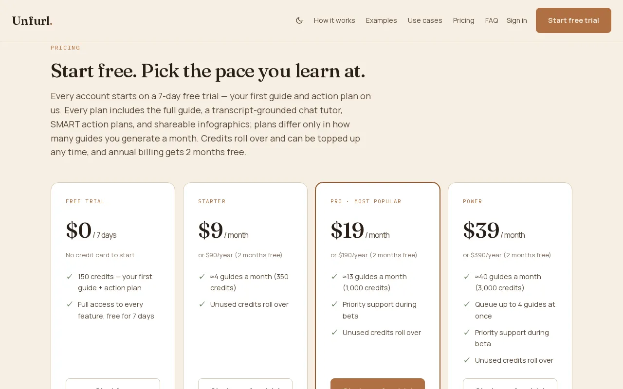 Unfurl — pricing page