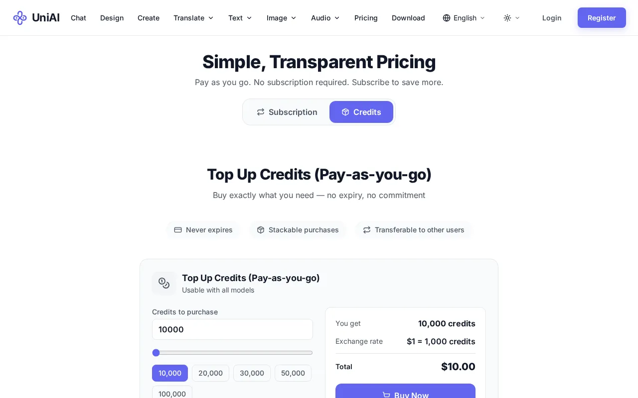 UniAI — pricing page
