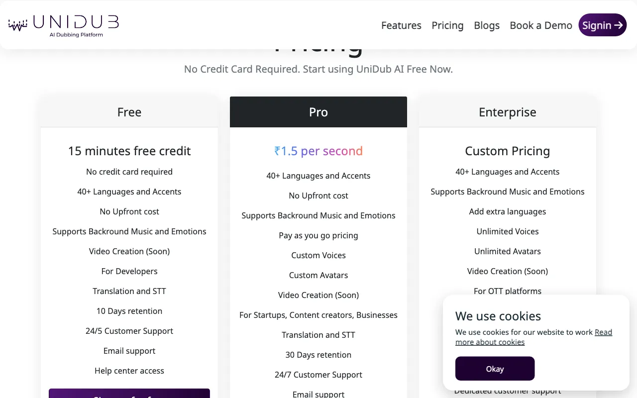 UniDub.co — pricing page