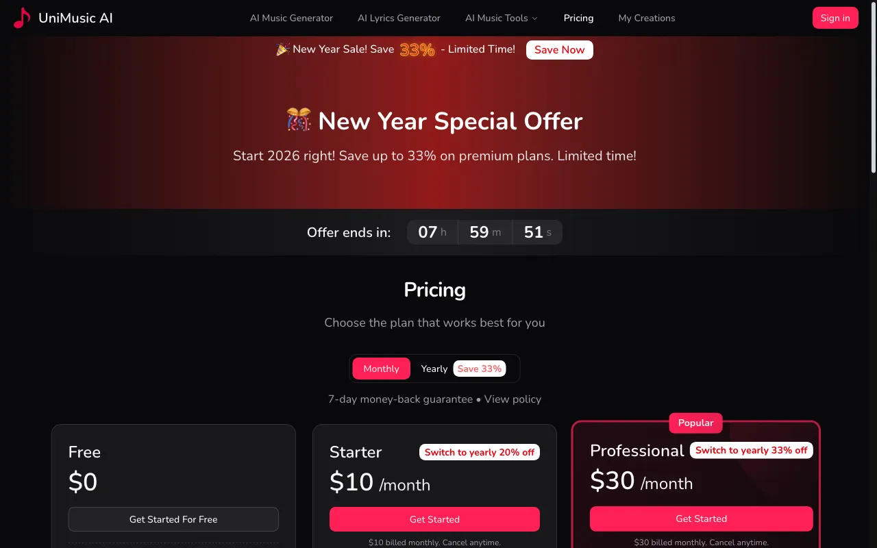UniMusic AI — pricing page