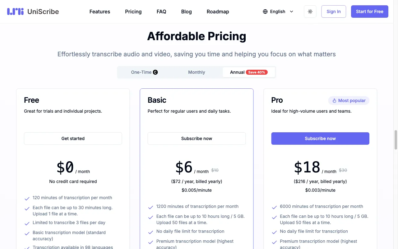 UniScribe — pricing page