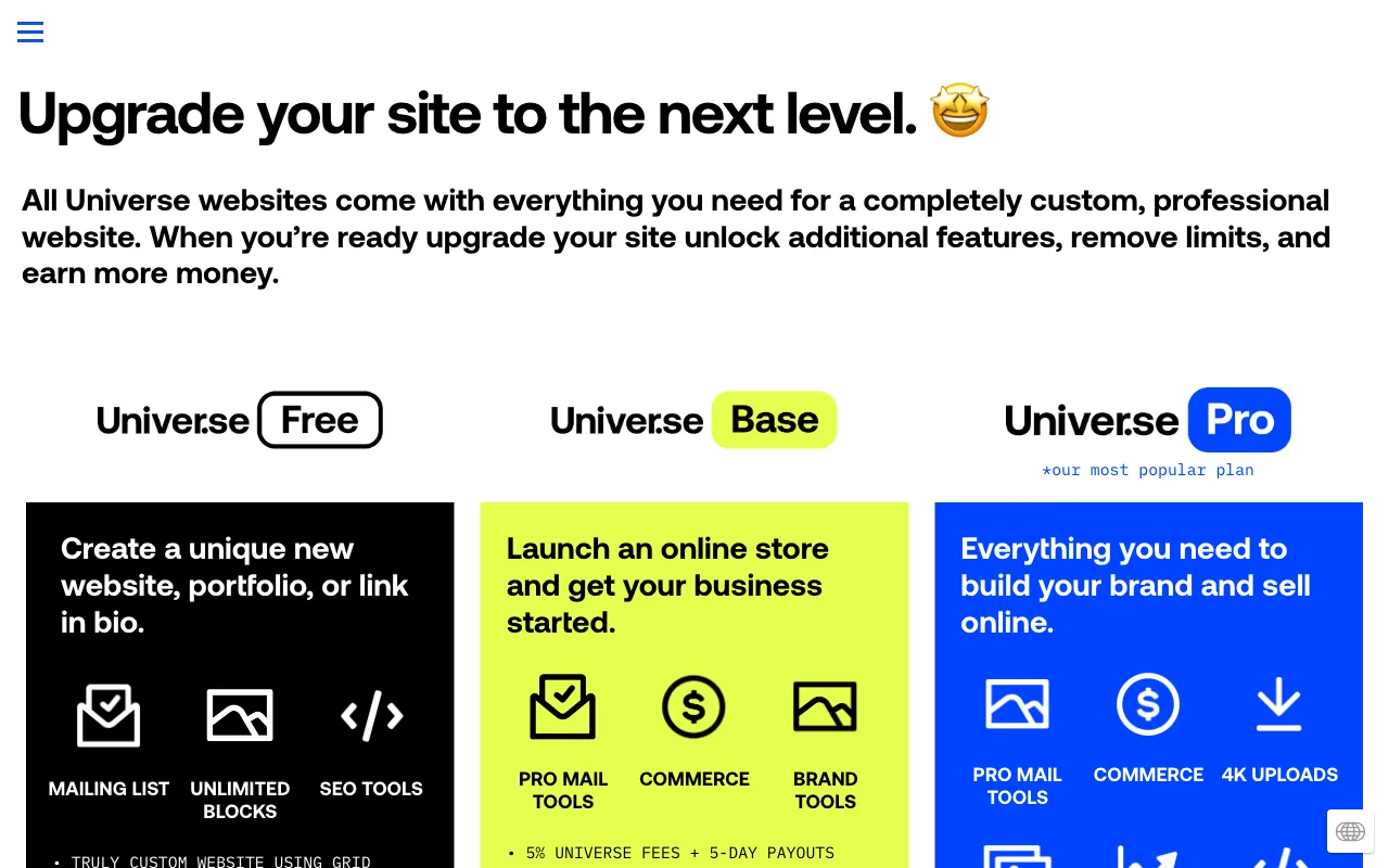 Universe — pricing page