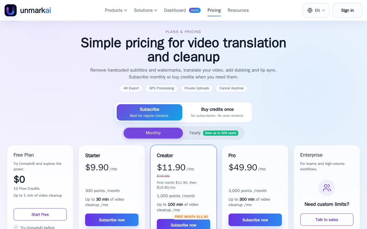 UnMarkAI — pricing page
