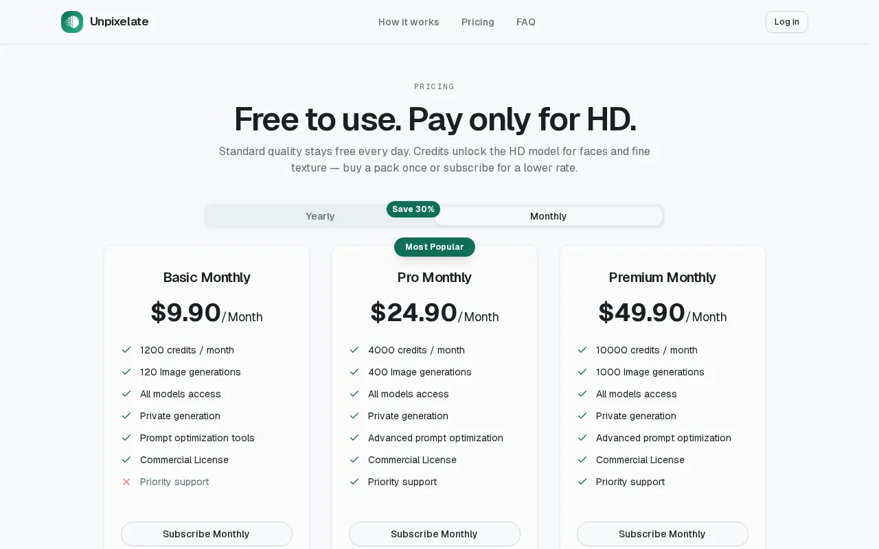 Unpixelate — pricing page