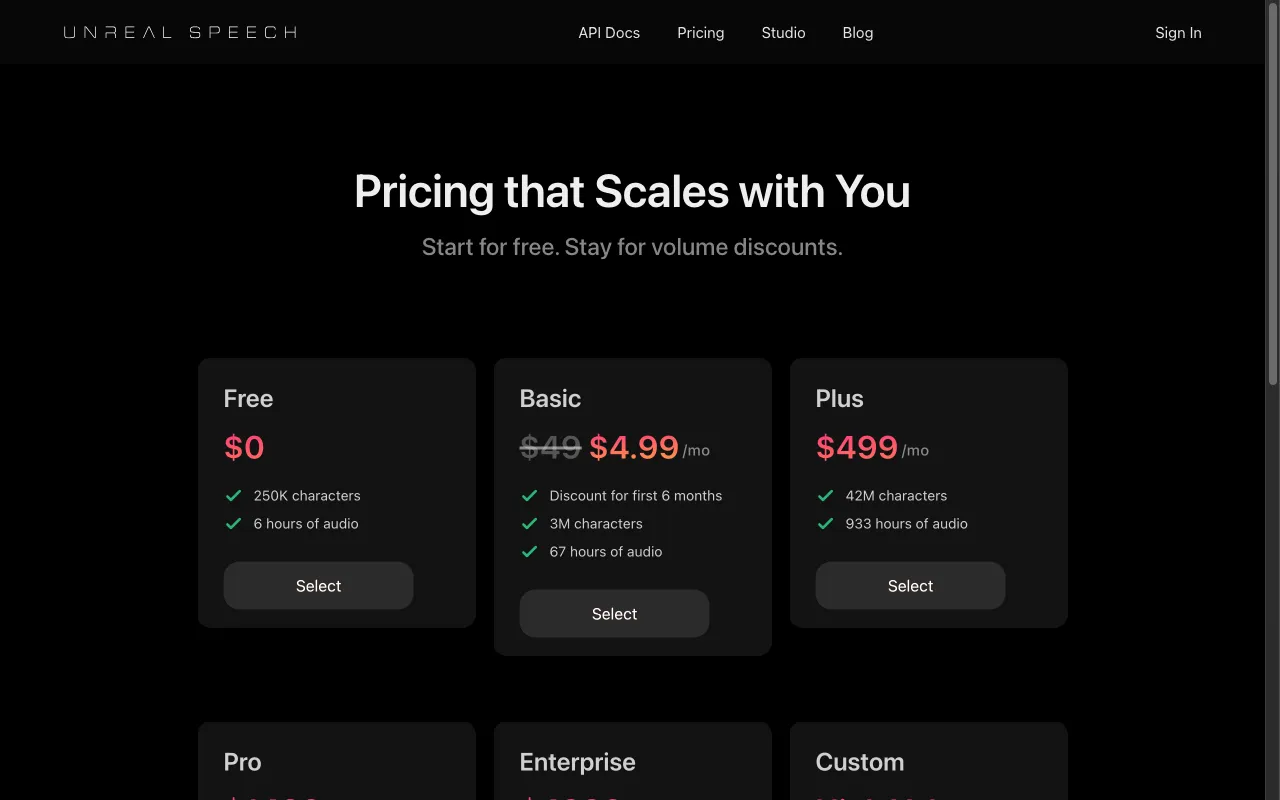 Unreal Speech — pricing page