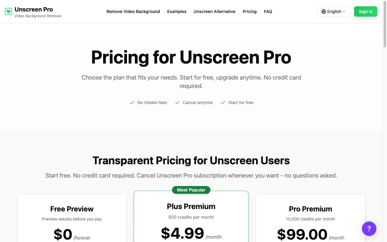 Unscreen — pricing page