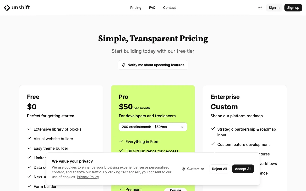 Unshift AI — pricing page