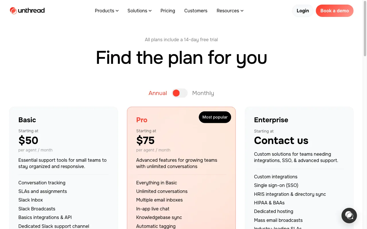 Unthread — pricing page