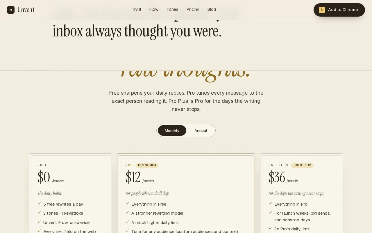 Unvent — pricing page