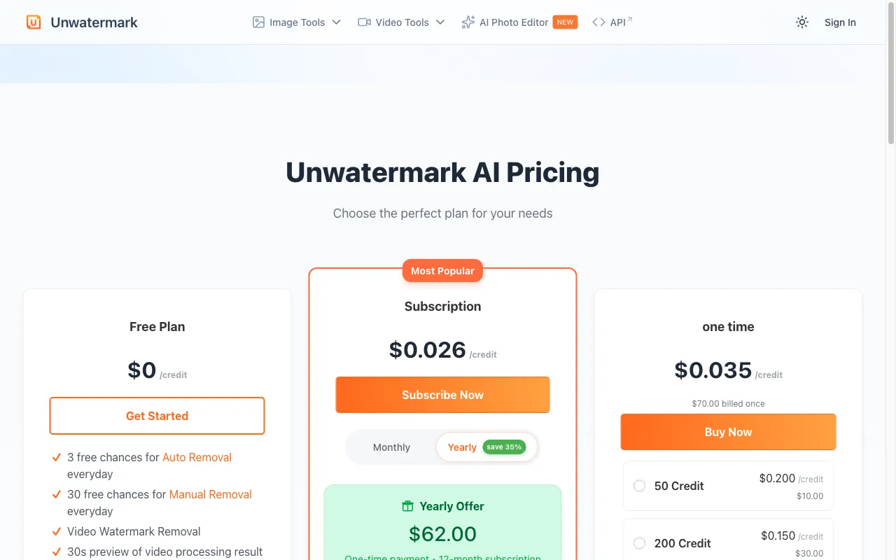 Unwatermark AI — pricing page